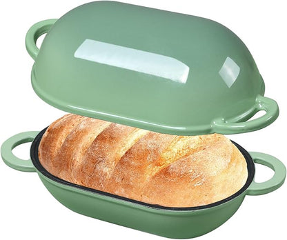 Enameled Cast Iron Sourdough Bread Oven, 2.5 QT Loaf Cast Iron Bread Pan with Lid, Oval Dutch Oven for Homemade Bread Baking, Meatloaf Pan with Lid (Fig Green)