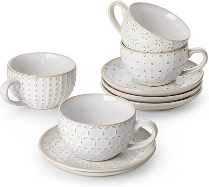 MALACASA 6 OZ Cappuccino Cups with Saucers Set of 4 - Ceramic Stackable Tea Cups and Saucers, Embossment Coffee Mugs for Tea, Latte and Mocha, Dishwasher Safe, Arctic white, LYDIA Series