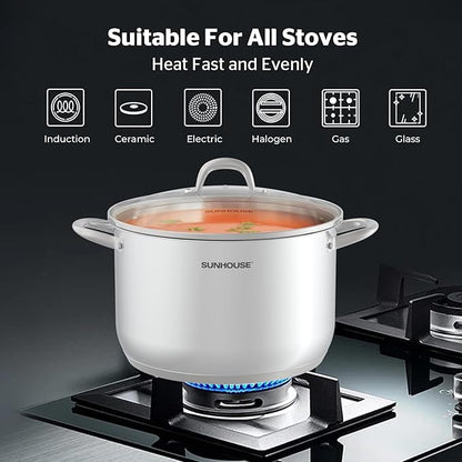 Sunhouse Stock Pot with Lid - 13 QT Large Pot for Cooking Pasta, Soup, Spaghetti - Impact Bonding Base Big Stainless Steel Pots for Canning, Boiling - Oven Safe & Induction Compatible Cookware