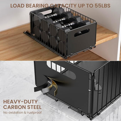 2 Pack Pull Out Cabinet Organizer, Heavy Duty Slide Out Drawer with No Drill Adhesive or Screw Mount, Carbon Steel Roll Out Shelf for Kitchen Cabinet, Pantry & Bathroom Storage