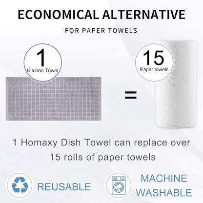 Homaxy 100% Cotton Terry Kitchen Towels(White and Light Grey, 13 x 28 Inches), Checkered Designed, Soft and Super Absorbent Dish Towels, 6 Pack
