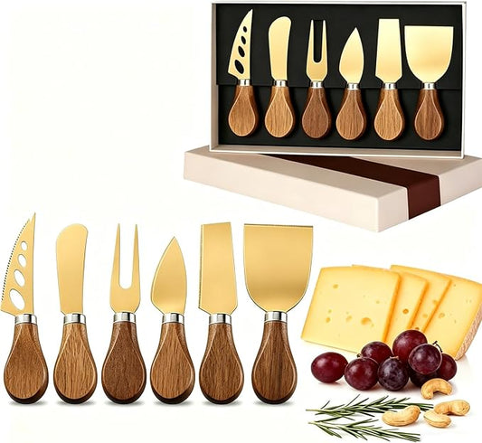 6 Pcs Gold Cheese Knives Set Tools Stainless Steel Cheese Slicer and Cutters for Kitchen Board Knife Set for Kitchen Charcuterie Board Accessories Housewarming Gift (Acacia-Gold Box)