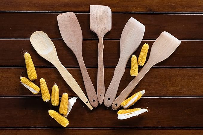 ECOSALL Nonstick Wooden Spoons For Cooking – 5 European Premium Spoons Set - 100% Healthy and Natural Wooden Spatula – Long Handled, Strong, Durable, Solid Wood Cooking Utensils for Everyday Cooking