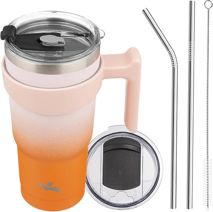 Konokyo 20 oz Tumbler with Handle and 2 Straw 2 Lid, Insulated Water Bottle Stainless Steel Vacuum Cup Reusable Travel Mug,Coral