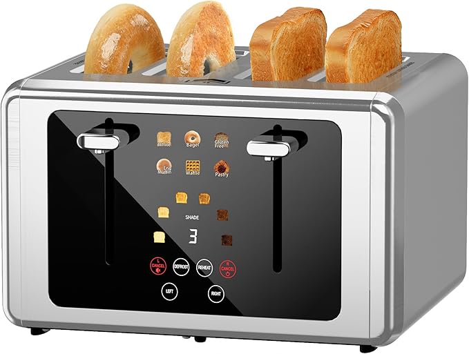 WUNLY Smart Digital 4 Slice Toaster with Touchscreen,Extra Wide 1.5" Slots for Bagel, 6 Bread & Browning Settings, Defrost/Reheat & Sound Control, Stainless Steel