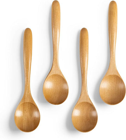 4 PCS Wooden Spoons for Honey, 6.7 inch Small Wooden Spoons - Terrific for Tea, Coffee & Soup, Little Schima Wood Serving Table Spoon Set, Bulk Bamboo Teaspoon for Eating with Unique Design