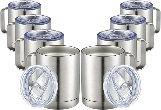 MEWAY 12oz Coffee Mug With Handle 8 Pack Bulk,Stainless Steel Insulated Travel Tumblers With Sliding Lid,Double Wall Vacuum Camping Cup for Hot & Cold Drinks Tea (Sliver,Set of 8)