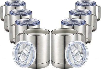 MEWAY 12oz Coffee Mug With Handle 8 Pack Bulk,Stainless Steel Insulated Travel Tumblers With Sliding Lid,Double Wall Vacuum Camping Cup for Hot & Cold Drinks Tea (Sliver,Set of 8)