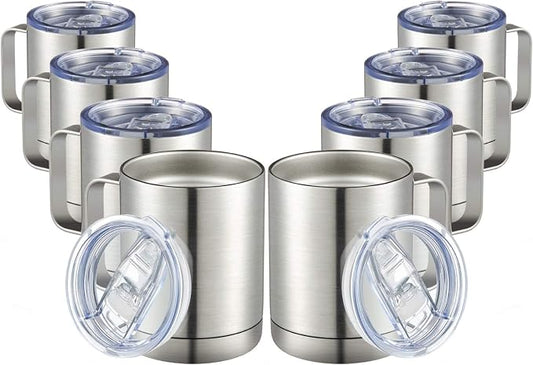 MEWAY 12oz Coffee Mug With Handle 8 Pack Bulk,Stainless Steel Insulated Travel Tumblers With Sliding Lid,Double Wall Vacuum Camping Cup for Hot & Cold Drinks Tea (Sliver,Set of 8)