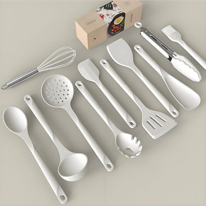 Silicone Cooking Utensils Set - 600°F Heat Resistant, Nonstick Kitchen Utensil Set with Spatulas, Spoons, Whisk, Tongs, BPA Free, Dishwasher Safe, Cream White