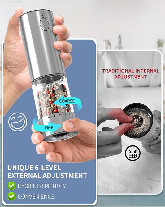 CIRCLE JOY Electric Salt and Pepper Grinder Set Rechargeable Stainless Steel Salt and Pepper Shakers with LED Light and Storage Base, External Adjustable Coarseness for Hygienic Easy Use