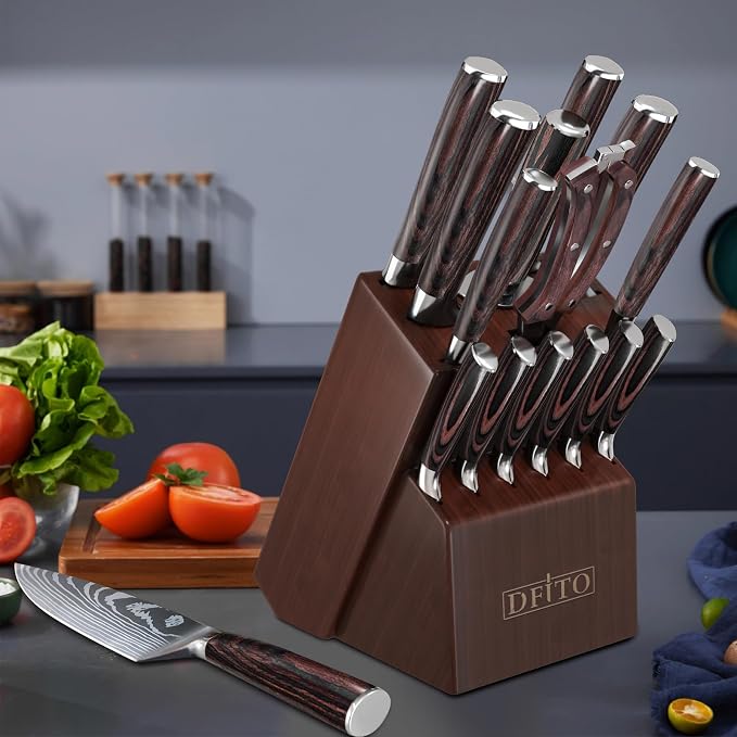 Dfito Kitchen Knife Set, 15 Pieces Knife Set with Block and Sharpener, High Carbon Stainless Steel Chef Knives Set with Red Pakkawood Handle for Home Cooking, Dishwasher Safe