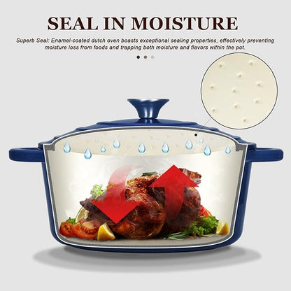 Overmont Enameled Cast Iron Dutch Oven - 7QT Pot with Lid Cookbook & Cotton Potholders - Heavy-Duty Cookware for Braising, Stews, Roasting, Bread Baking IndigoBlue