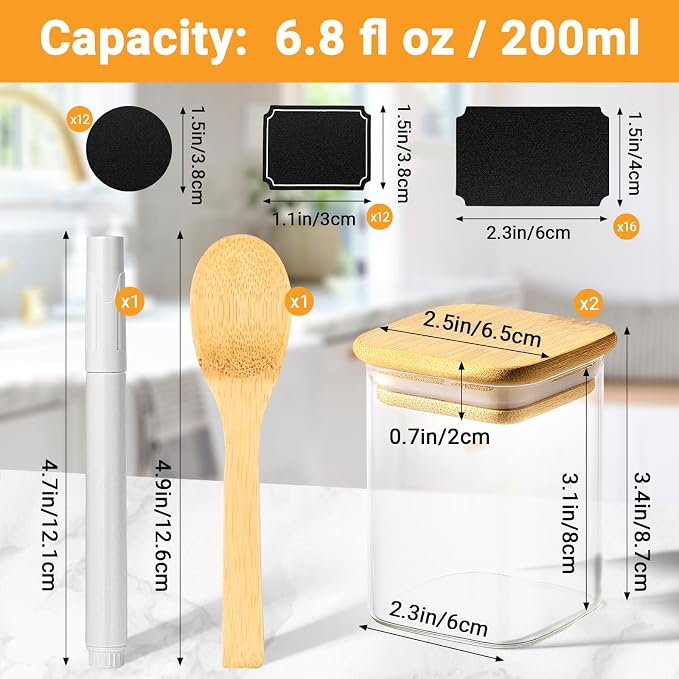 Square Glass Storage Jars, 2 Pack 6 Fl.oz Glass Jars with Bamboo Lids, Clear Spice Canister Stackable Sugar Coffee Containers for Candy Loose Tea Oats - Set Included Labels, Spoon and Marker
