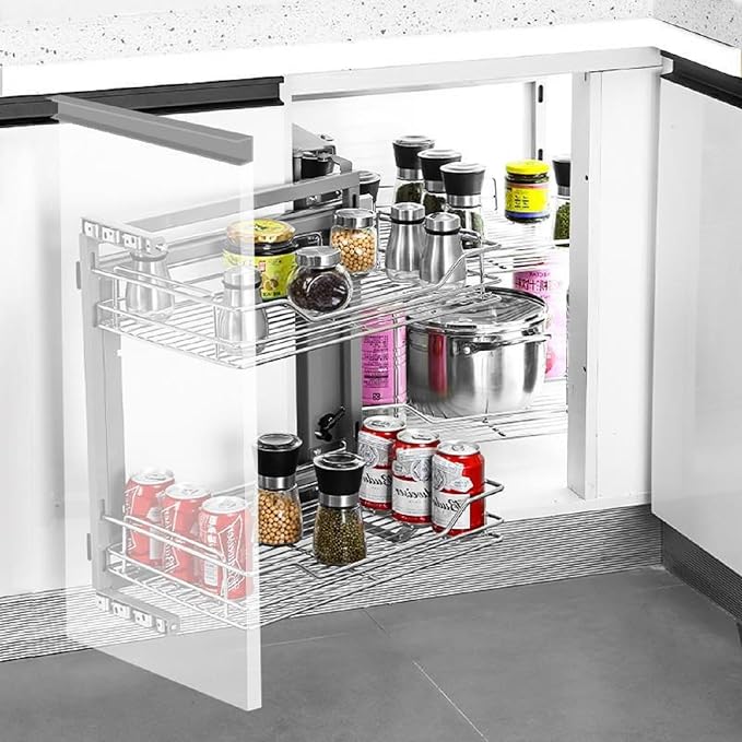 Gdrasuya10 Stainless Steel Blind Corner Cabinet Pull Out Organizer, 2 Tier Corner Pull Out Cabinet Steel Slide Out Organizer Kitchen Deep Cabinet Storage Organizer Shelf for 16" Left Opening Door