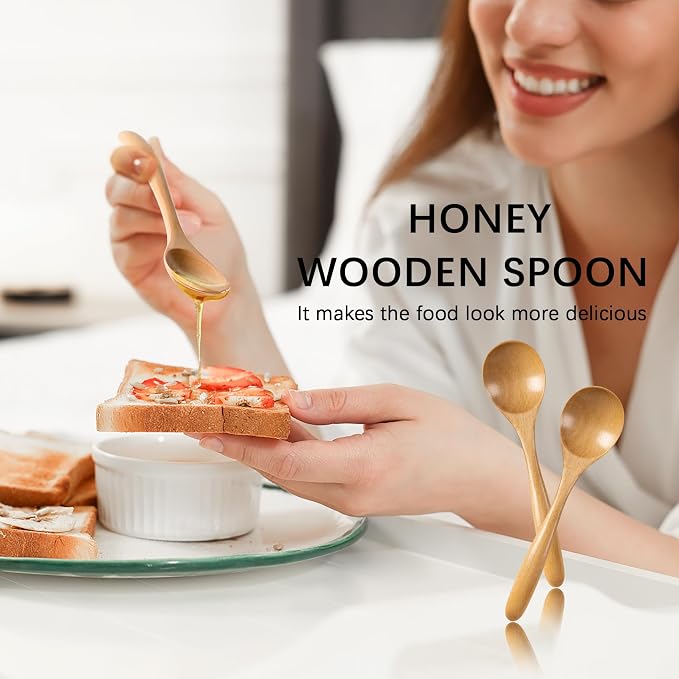 6 PCS Wooden Spoons for Honey, 6.7 inch Small Wooden Spoons - Terrific for Tea, Coffee & Soup, Little Schima Wood Serving Table Spoon Set, Bulk Bamboo Teaspoon for Eating with Unique Design