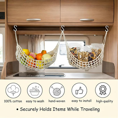 Hanging Fruit Hammock Under Cabinet, 13×16in Macrame Hanging Fruits Basket with 4 Hooks Fruit Net Banana Hammock Hanging Storage Veggie Hanger Basket for Kitchen Home Boat Rv(Beige)