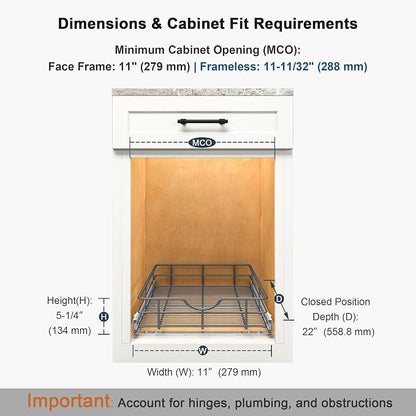 Pull Out Shelves - 11" W x 22" D Soft Close Pull Out Cabinet Organizer 1 Tier - Sliding Shelves with Shelf Liner - Heavy Duty Steel Wire Drawers for Kitchen Cabinets, Pantry, Bathroom