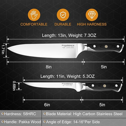 2 Pack Kitchen Knives Set, 8" Chef Knife & 6" Boning Knife, High Carbon Stainless Steel Blade with Wooden Handle, Professional Japanese Sharp Knives for Meat Cutting, Carving, Fish Fillet