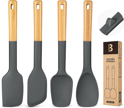 Silicone Spatula Spoon Set, Great for Mixing, Folding, Scraping, and Spreading, Sturdy BPA-Free Matte Silicone, Wooden Handle Rubber Spoonula for Nonstick Cookwares,4 Pack (GREY)