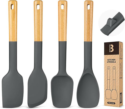 Silicone Spatula Spoon Set, Great for Mixing, Folding, Scraping, and Spreading, Sturdy BPA-Free Matte Silicone, Wooden Handle Rubber Spoonula for Nonstick Cookwares,4 Pack (GREY)