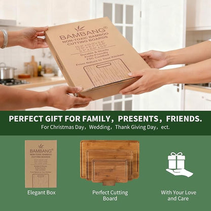 BAMBANG Bamboo Cutting Board, Dark Carbonized Chopping Boards Set of 3 with Stand, Butcher Block with Deep Juice Groove, Non-Toxic Wooden Cutting Boards for Kitchen Meal Prep & Serving