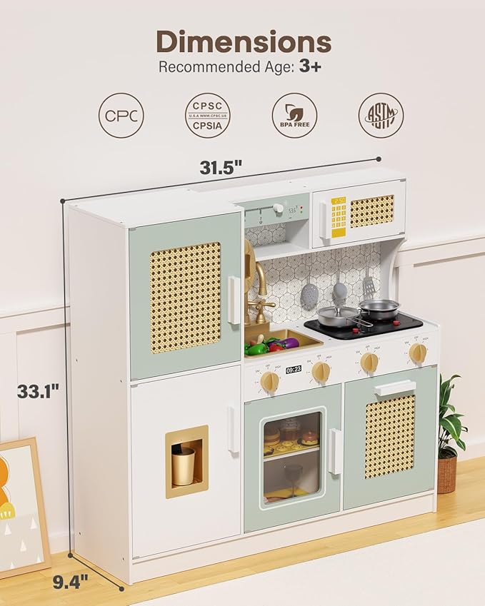 Babytronic Wooden Kitchen Playset for Kids, Pink Pretend Play Kitchen with Lights & Sounds, Retro Style Toy Kitchen for Toddlers Ages 3+, Wooden Play Kitchen Set with Realistic Design (Green)