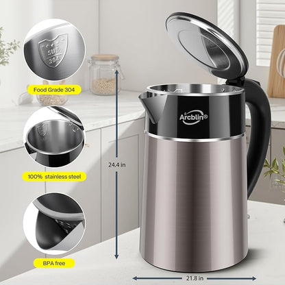 Electric Kettle 1.8L, 1350W Fast Boiling Tea Kettle and Hot Water Boiler, Double Wall Cool Touch Design with 100% Stainless Steel Interior, Auto Shut-Off & Boil-Dry Protection, Black and Gold