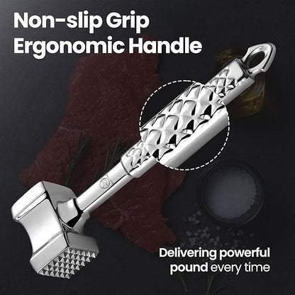 Stainless Steel Meat Tenderizer Tool, Premium Meat Mallet with Non-Slip Grip, Dual-sided Kitchen Mallet Ideal for Tenderizing Steak, Poultry & Chicken Cutlet, Dishwasher Safe with Lifetime Replacement