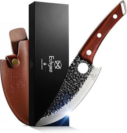 Viking Chef Knife with Premium Leather Sheath - Japanese Kitchen Knife for Meat Cutting, BBQ, Camping, Cooking, Ergonomic Handle Gift for Men