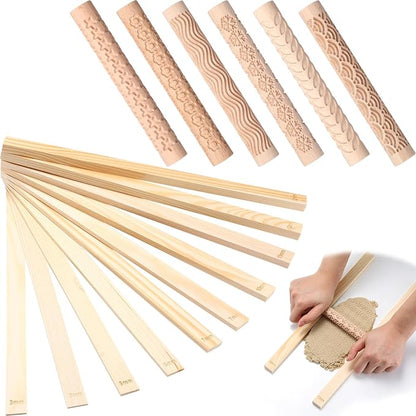 Colingmill 16 Pcs Christmas Pottery Teaching Rolling Mud Stick Guide and Clay Rollers Textured Set Includes 10 Pcs 5 Size Wooden Rolling Pin Guides Sticks 6 Patterns Clay Modeling Pattern Rollers