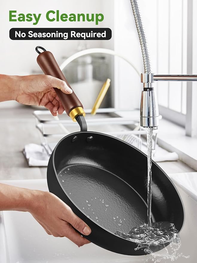 Carbon Steel Skillet, 11-Inch Nonstick Frying Pan, Season-Free Enameled Carbon Steel Pan,Stay-Cool Wooden Handle, Non Toxic, PTFE & PFOA Free Oven-Safe