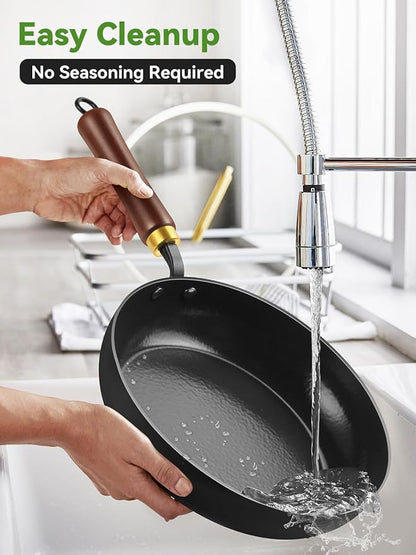 Carbon Steel Skillet, 11-Inch Nonstick Frying Pan, Season-Free Enameled Carbon Steel Pan,Stay-Cool Wooden Handle, Non Toxic, PTFE & PFOA Free Oven-Safe