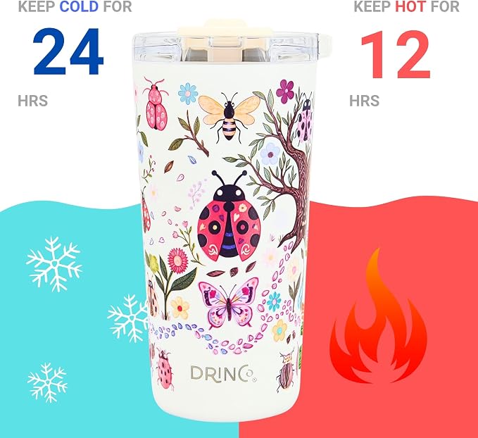 Drinco - 20 oz Stainless Steel Tumbler | Double Walled Vacuum Insulated Mug With Lid, 2 Straws, For Hot & Cold Drinks (20oz Bugs World)