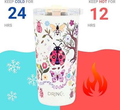 Drinco - 20 oz Stainless Steel Tumbler | Double Walled Vacuum Insulated Mug With Lid, 2 Straws, For Hot & Cold Drinks (20oz Bugs World)