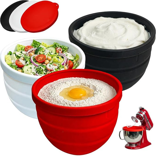 Silicone Bowl Liners for KitchenAid Tilt-Head 5 Qt Stand Mixers, 3 Silicone Liners & Lids/Extra-Thick/No Plastic Smell/Dishwasher Safe/Food Grade/Kitchen Aid Accessories and Attachments for Baking