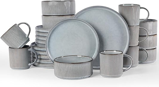Famiware Star 24-Piece Stoneware Dinnerware Sets, Service for 6 - Reactive Glaze Mugs, Plates and Bowls, Dishes for Everyday & Formal Use, Chip/Scratch Resistant, Microwave/Dishwasher Safe, Smoky Blue