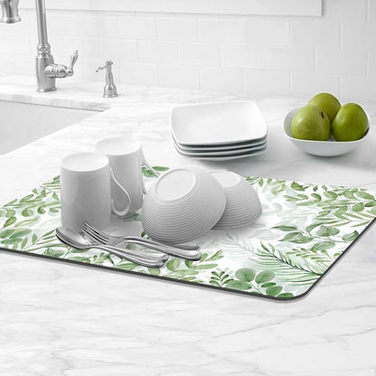 LOKHOM Dish Drying Mat for Kitchen Counter, 12"x20" Absorbent Coffee Bar Mat with Green Plant & Butterfly, Dish Drainer Rack Mats for Kitchen Counter Coffee Maker Pot Dining Room Decoration