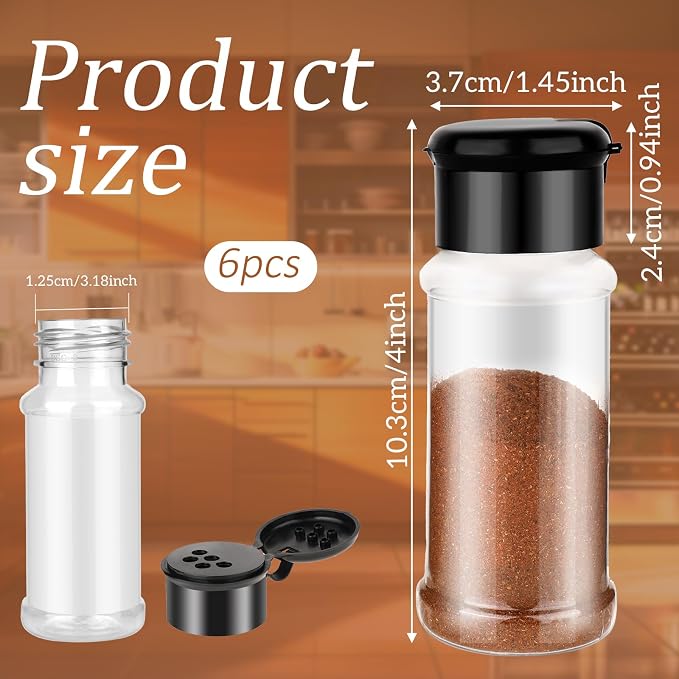 TIESOME 6 Pcs Plastic Spice Jars with Shaker Lids, 3 oz Clear Seasoning Containers for Spice Rack, Drawer, Cabinet Storage (Black Lid)