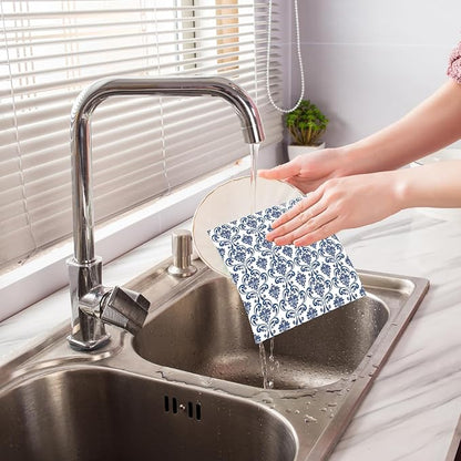 Blue Floral Swedish Dishcloths for Kitchen, 6 PCS Blue White Flower Reusable Dish Cloth, Absorbent Sponge Dish Towels for Kitchen Cooking Farmhouse Home Decoration Housewarming Gifts
