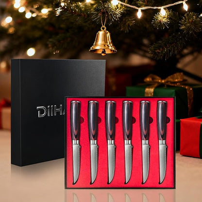 DiiHAUZZ Steak Knives Set of 6, Serrated Steak Knife Set 4.5 Inch, Ultra Sharp Forged High Carbon Stainless Steel Dinner Knife with Ergonomic Pakkawood Handle, Damascus Pattern and Gift Box