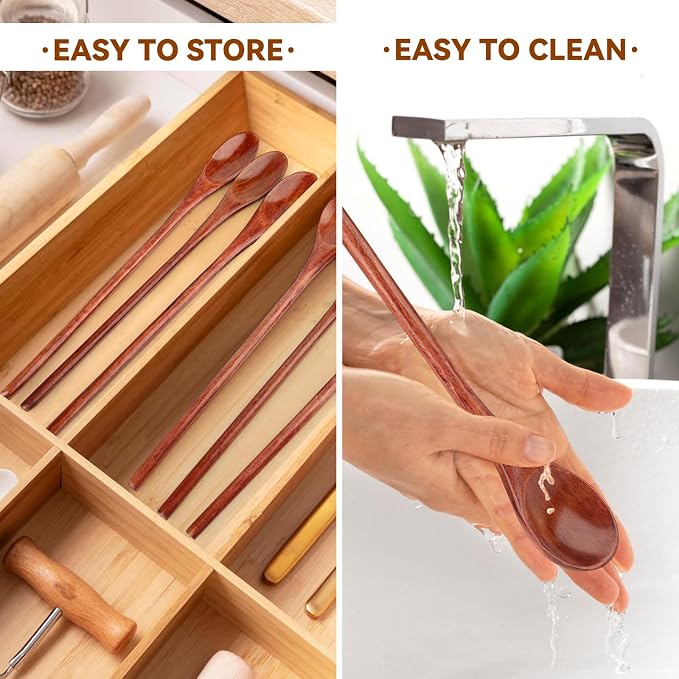 8 Pieces Wooden Spoons Set, 8 Inch Small Wooden Spoons for honey, Long Handle Mixing Teaspoon, Handmade Wood Coffee Spoon, Tiny Stirring Spoon for Kitchen Desserts Tasting