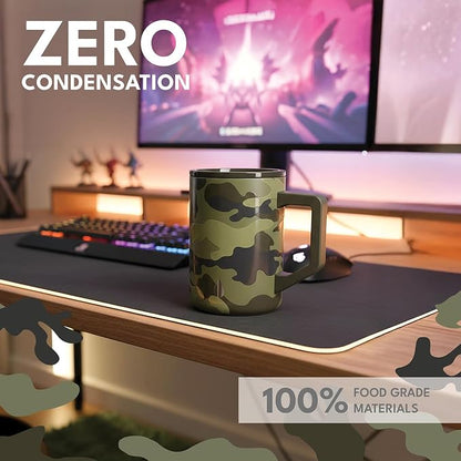 Elemental Insulated Coffee Mug - Triple-Wall Stainless Steel Summit Travel Cup for Hot and Cold Drinks - Thermal Coffee Mug with Lid and Handle for Camping, Office & Travel 16oz - Dark Green Camo