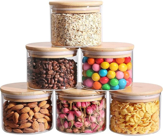 ComSaf 0.5 Qt Glass Food Storage Jars Set of 6, Clear Glass Storage Containers with Lids, Pantry Organization Jar, Spice, Blooming Tea, Coffee, Cookie and Sugar Container, Small jar Set for Kitchen