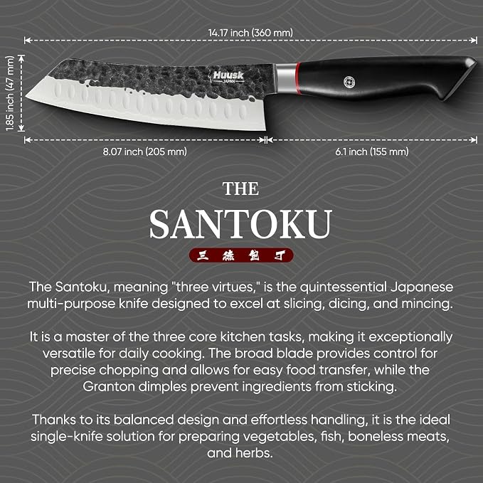 Huusk Santoku Japanese Chef Knife - Hand Forged Chef's Knives with VG10 Steel Core, Ultra Sharp 8 inch Kitchen Knife with Ergonomic Ebony Handle, Premium Wooden Gift Box for Men Women