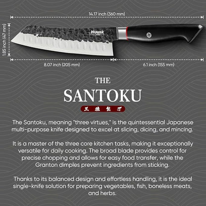 Huusk Santoku Japanese Chef Knife - Hand Forged Chef's Knives with VG10 Steel Core, Ultra Sharp 8 inch Kitchen Knife with Ergonomic Ebony Handle, Premium Wooden Gift Box for Men Women