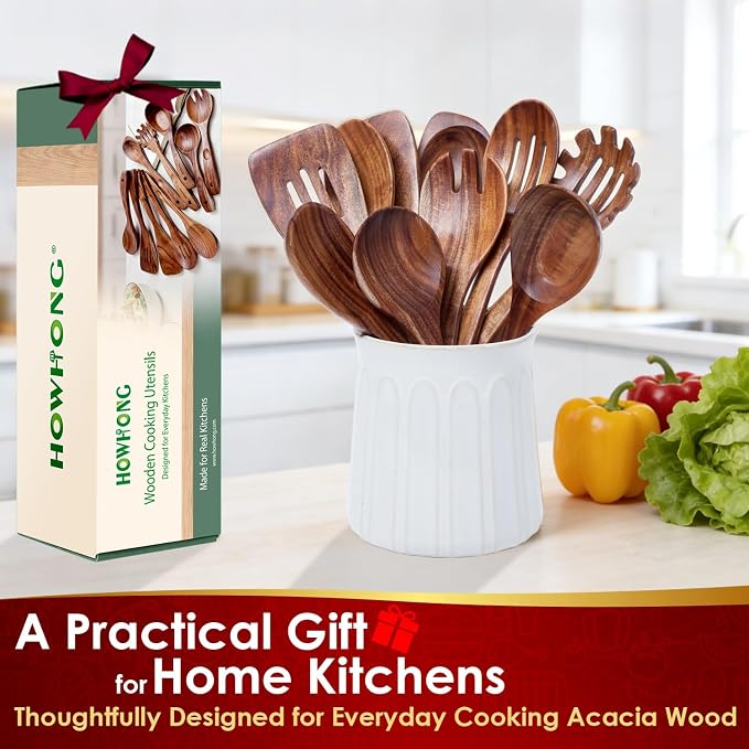 HOWHONG Wooden Cooking Utensils Set, Acacia Wood Wooden Spoons for Cooking with Thumb Rest, Ergonomic Curved Handle, Smooth Finish, Nonstick Safe, Gift Ready