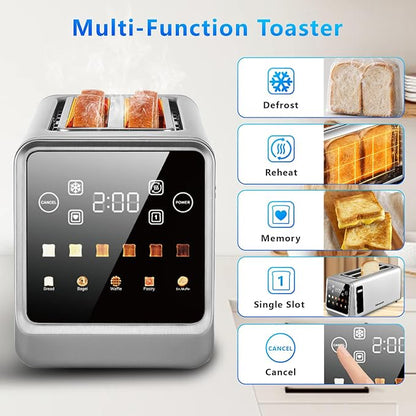 SAKAMOSH Touch Screen Toaster 4 Slice, Smart Digital Toasters with LED Display & Timer, Extra Long Wide Slots for Bagels, 6 Browning Levels & 5 Bread Types, Memory Function, 1400W, Stainless Steel