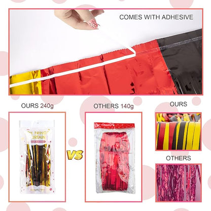 LOLStar Cartoon Mouse Birthday Party Supplies,5 Packs of 3.3x6.6 ft Black Red Gold Tinsel Foil Fringe Curtains, Cartoon Photo Booth Prop Streamer Backdrop, Birthday Party Decorations for Toddlers Kids