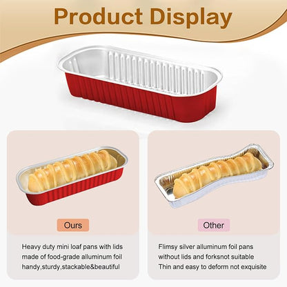 Mini Cake Pans with Lids and Spoons 200 Pack, Mini Loaf Pans with lids 6.8oz, Small Disposable Aluminum Foil Loaf Pans, Rectangular Baking Container for Party, Picnics and Housewarming (Red)